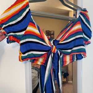 Colorful Stripe  tie in front crop top